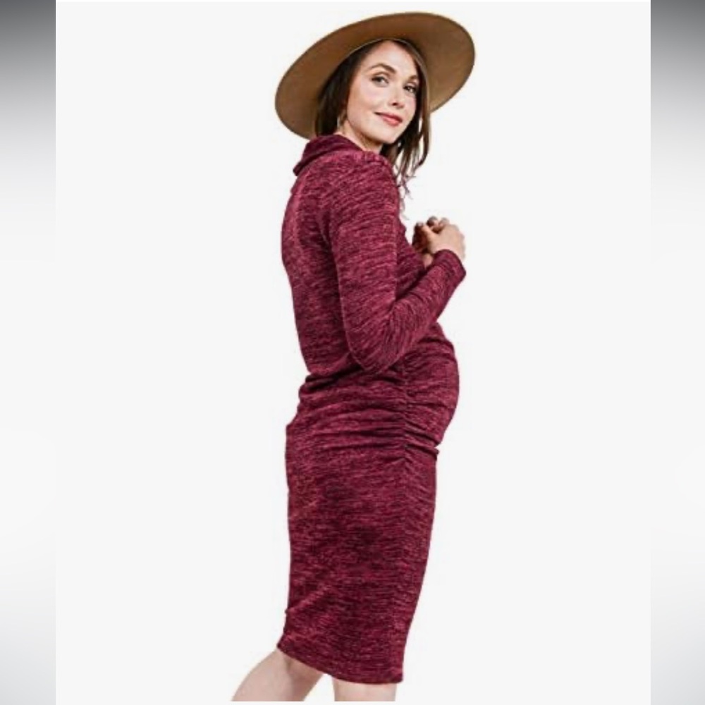 HELLO MIZ Women's Sweater Knit Maternity Dress Cowl Neck Long Sleeve Burgundy L - Picture 3 of 12